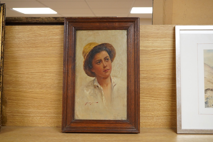 Early 20th century, Italian School, Portrait of a figure wearing a hat, indistinctly signed and inscribed verso, oil on panel, 28 x 17cm